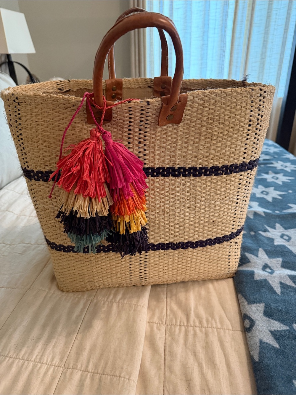 Natural Straw Tote with Multicolor Tassel Accent